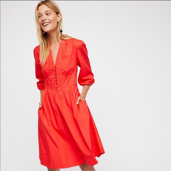 red button down midi dress